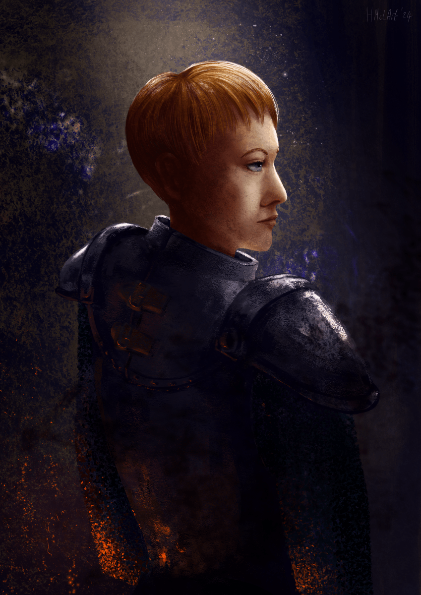 A digital painting of a blonde woman wearing metal armour. She is lit from above with soft daylight, and from behind by an unseen fire, which glints orange off her chainmail sleeves.