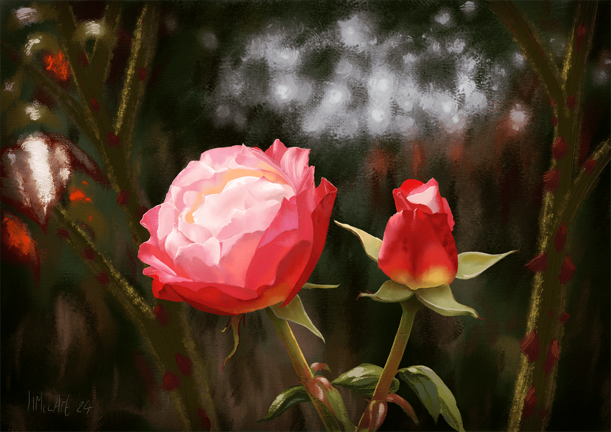 A digital painting of two dual coloured roses - red on the outer petals and pale pink in the centre. One is just about to open, the other fully open. Behind them, in rougher, more painterly brush strokes, are thorny stalks and vague impressions of dark brown and green foliage, with pale light showing through from behind.