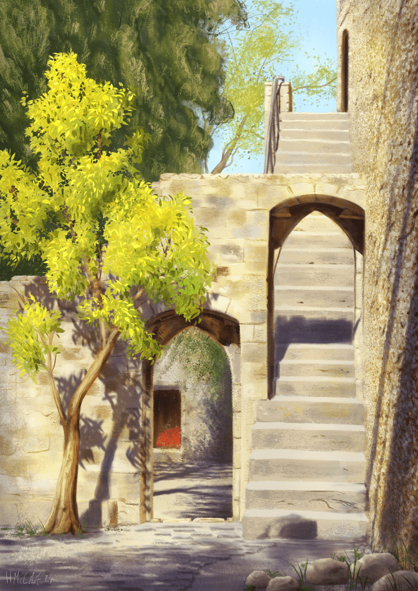 A digital painting of a sunlit castle courtyard, with dappled shadows being cast by a small tree. There is a further courtyard beyond a small archway set in a crumbling wall of pale stone, and next to it a long flight of steps running alongside another, taller wall. The steps  go under a second archway, half way up, and lead to another doorway in the wall, where more trees and blue sky can be seen beyond the top step.