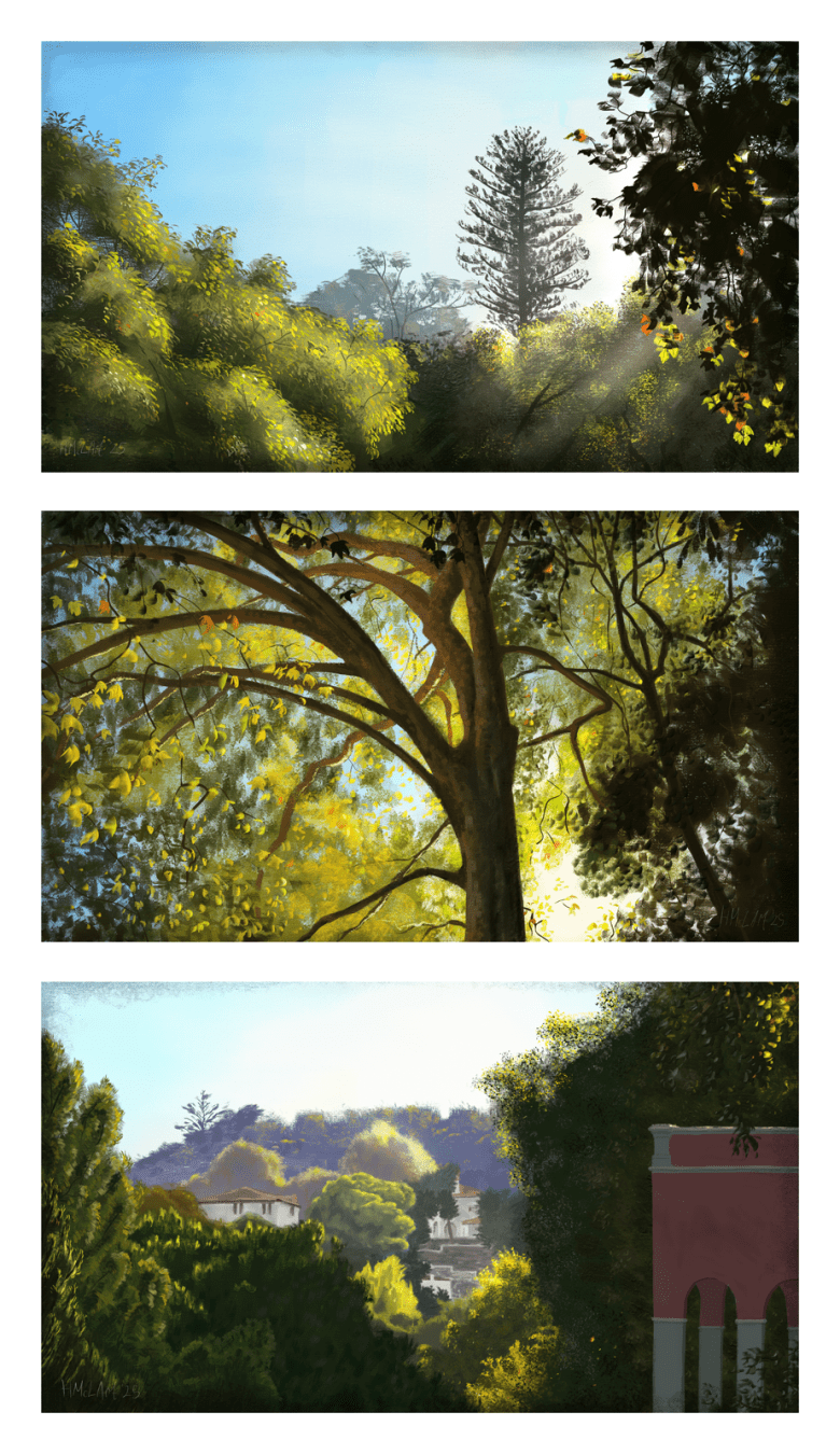 A set of three digital landscape paintings, arranged on a white background as a tall image. They each depict warm, golden sunlight shining on a different scene of leafy green trees, two looking out across a view, and one under the canopy.