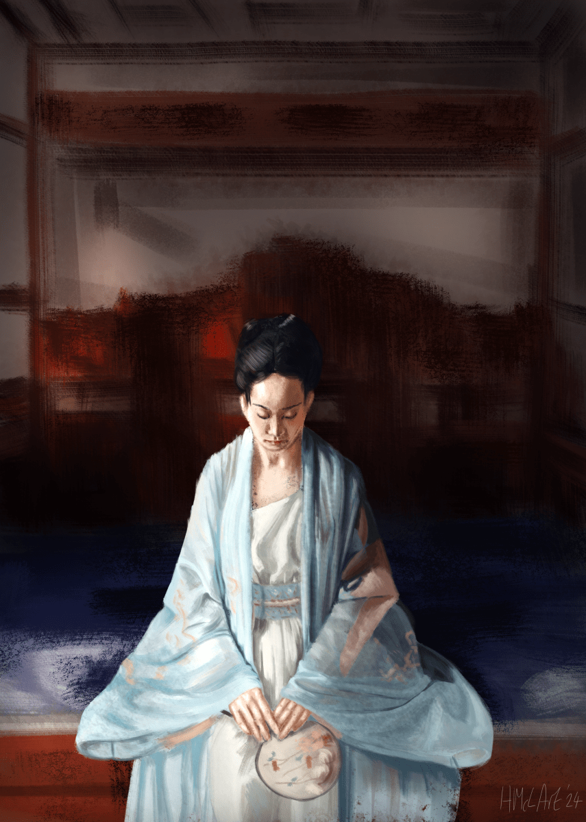 A digital painting study of a young woman wearing a white and turquoise kimono and holding an ornate, circular fan. She sits on the edge of a huge bed that is mostly in shadow, though painterly brush strokes give hints that it is intricately carved wood.