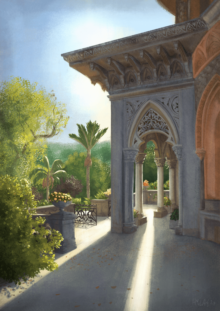 A digital painting of an ornately decorated, pillared veranda, surrounded by gardens and distant green hills. Sunlight strikes in a beam through the pillars from the back of the image, leaving the foreground in cool blue shadow, while the plant life beyond is lit up in warm hues.