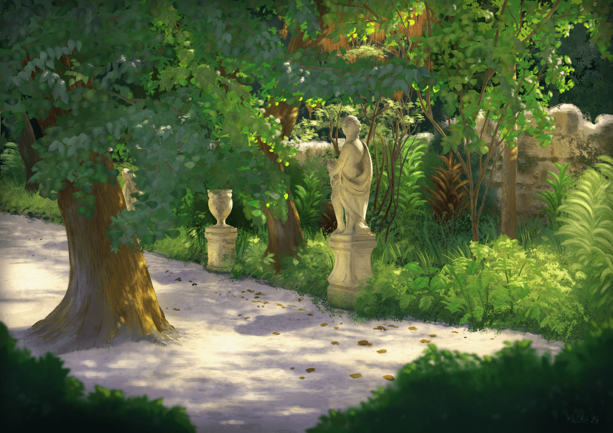 A digital painting of a sunlit garden, full of low lying plants and large trees. Three weathered statues stand amongst the foliage, next to a light, gravel path on which dappled light falls in warm patches.