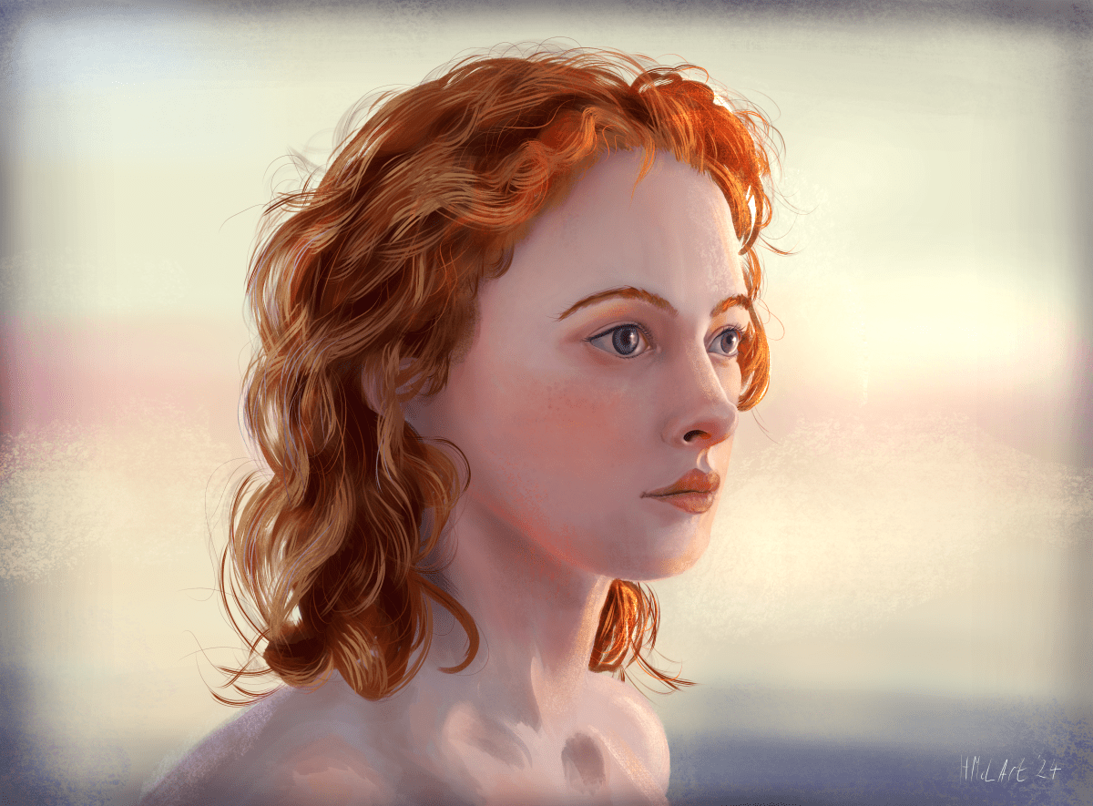 A digital painting portrait of a woman with auburn-red hair and blue eyes in an indistinct, outdoor beach setting. She is lit by warm light from a sunset, that catches her fair, freckled skin in oranges and purples.